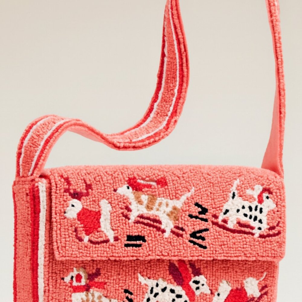Anthropologie New Fiona Beaded Bag Dogs Sledding Skiing